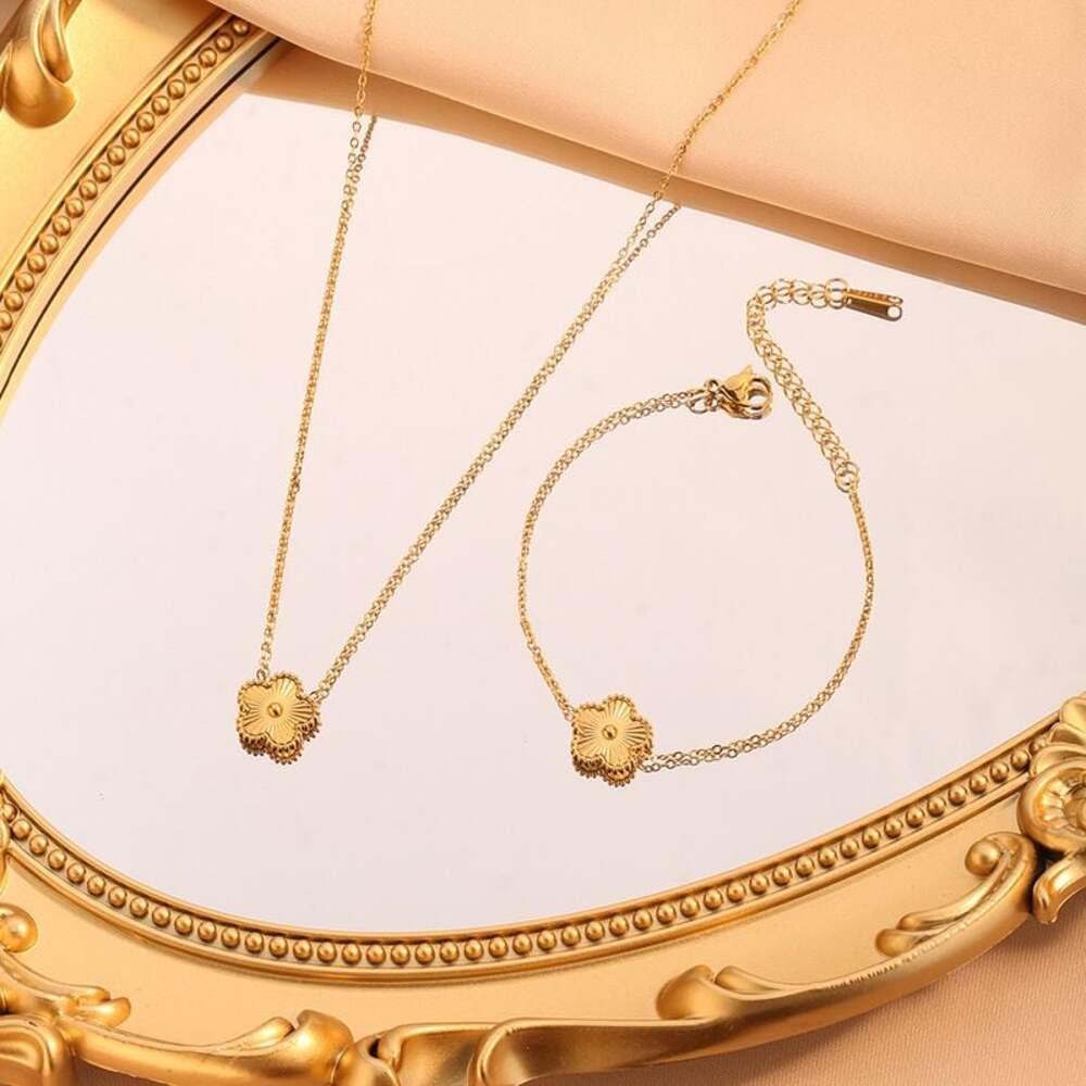 Gold-Plated Floral Petal Charm Necklace and Bracelet Jewelry Set
